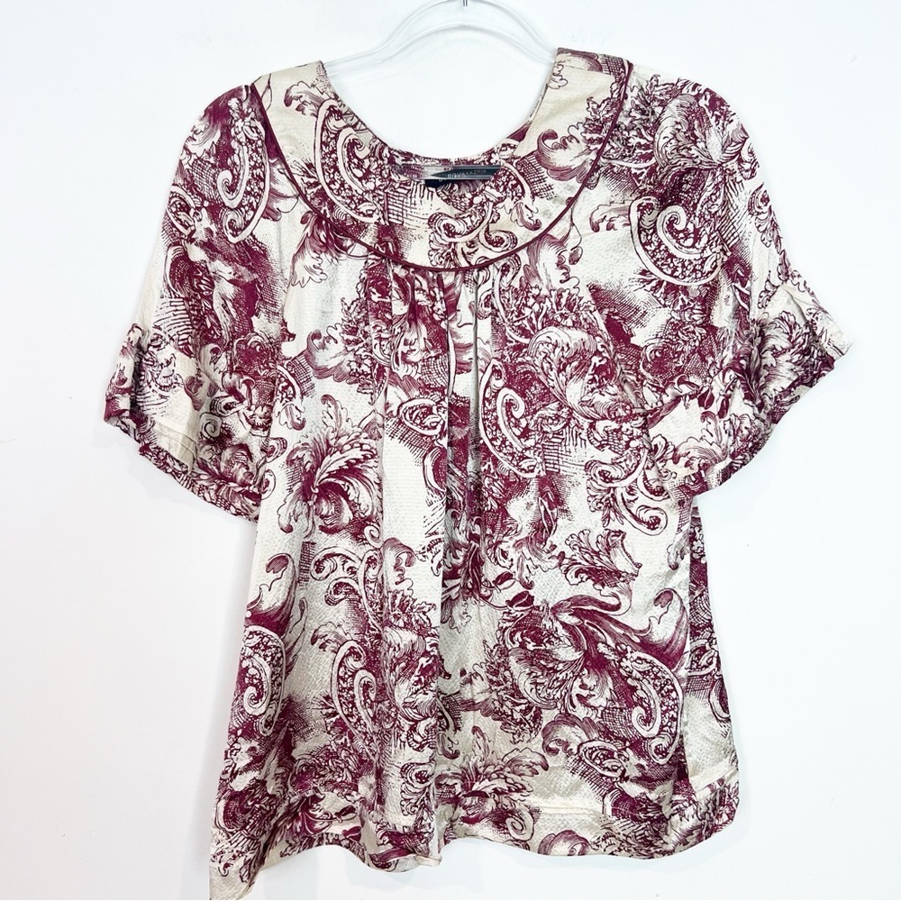 BCBG MAXAZRIA RED OFF-WHITE PRINT SHORT SLEEVE FLOWY BLOUSE WOMENS MEDIUM